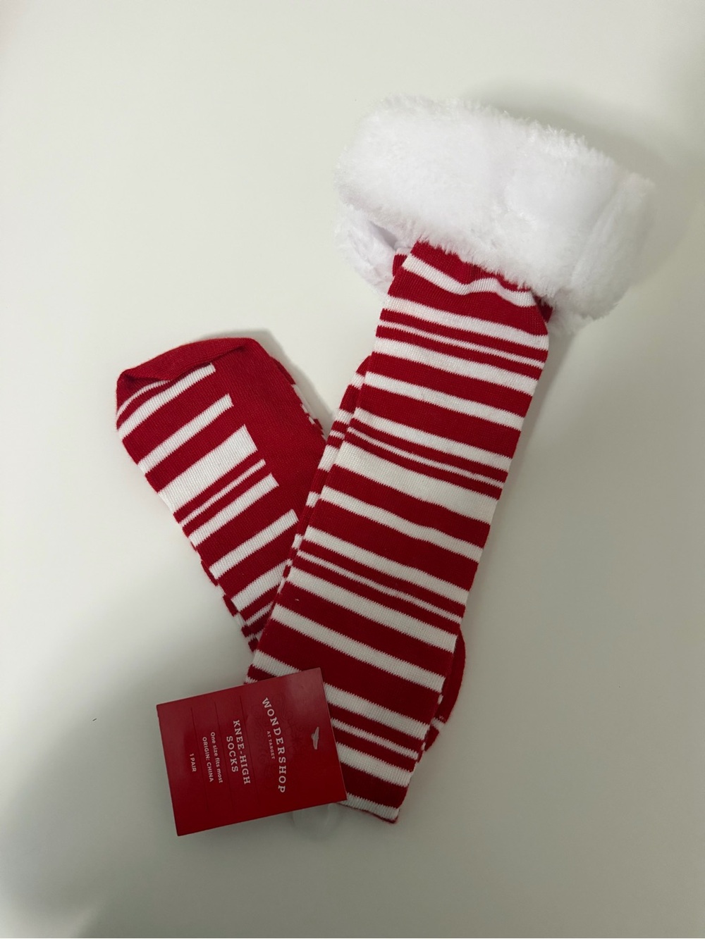Wondershop Red & White Striped Fuzzy Cuff Knee-High Socks